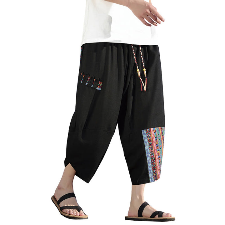 Spodnie męskie z szerokimi nogawkami i kieszeniami, z bawełny i ściągaczem Buddha Stones Bohemian Patchwork Pattern
