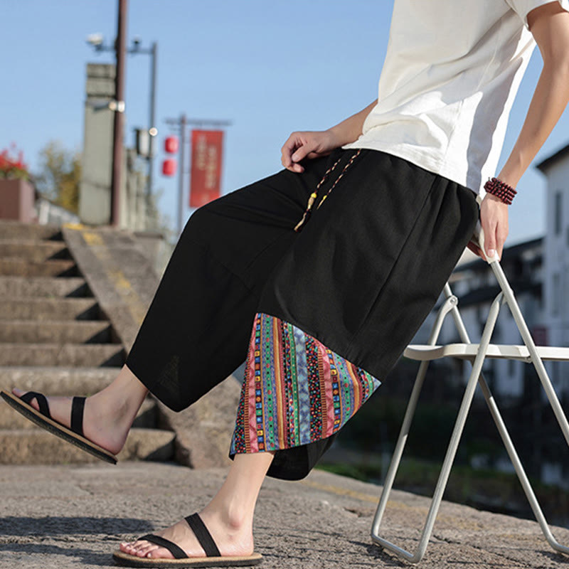 Spodnie męskie z szerokimi nogawkami i kieszeniami, z bawełny i ściągaczem Buddha Stones Bohemian Patchwork Pattern - image 8