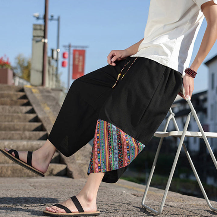 Spodnie męskie z szerokimi nogawkami i kieszeniami, z bawełny i ściągaczem Buddha Stones Bohemian Patchwork Pattern - image 8