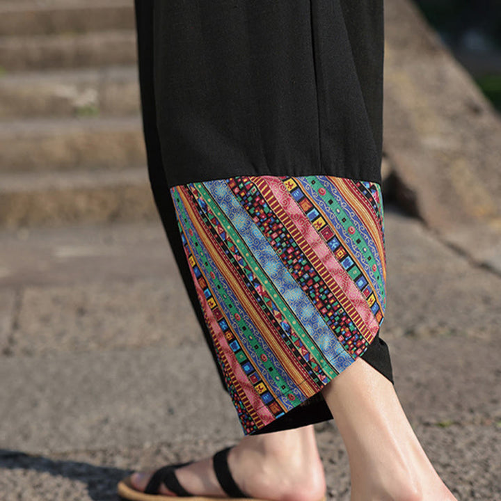 Spodnie męskie z szerokimi nogawkami i kieszeniami, z bawełny i ściągaczem Buddha Stones Bohemian Patchwork Pattern