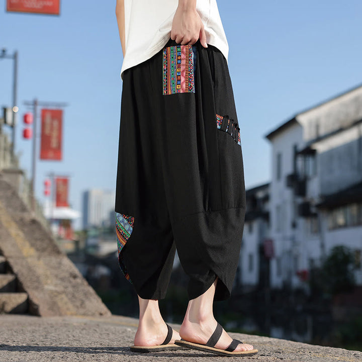 Spodnie męskie z szerokimi nogawkami i kieszeniami, z bawełny i ściągaczem Buddha Stones Bohemian Patchwork Pattern