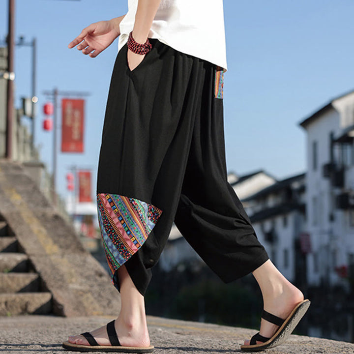 Spodnie męskie z szerokimi nogawkami i kieszeniami, z bawełny i ściągaczem Buddha Stones Bohemian Patchwork Pattern