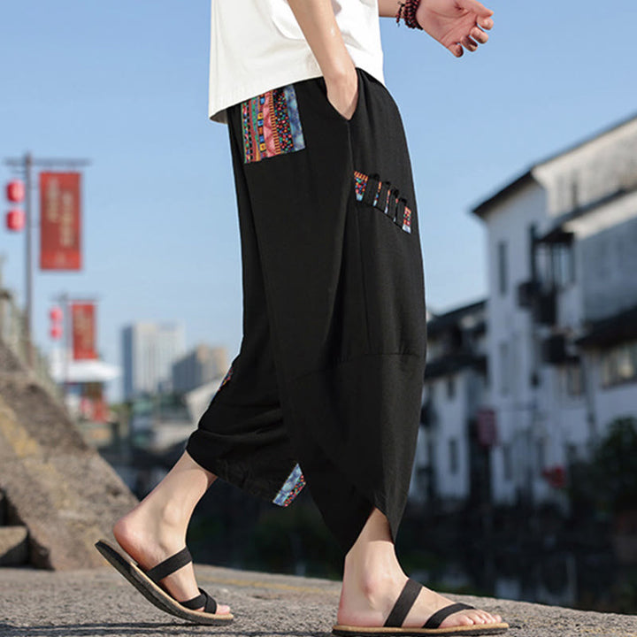 Spodnie męskie z szerokimi nogawkami i kieszeniami, z bawełny i ściągaczem Buddha Stones Bohemian Patchwork Pattern - Czarny - US/UK/AU46， EU56 (5XL) - image 0