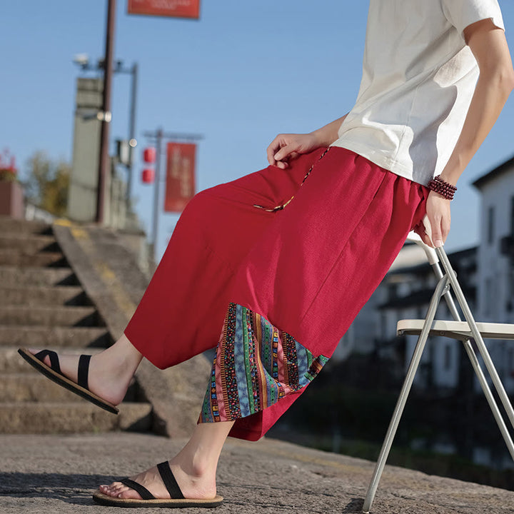 Spodnie męskie z szerokimi nogawkami i kieszeniami, z bawełny i ściągaczem Buddha Stones Bohemian Patchwork Pattern - image 21