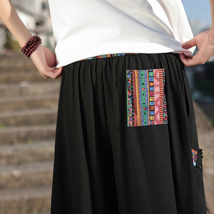 Spodnie męskie z szerokimi nogawkami i kieszeniami, z bawełny i ściągaczem Buddha Stones Bohemian Patchwork Pattern