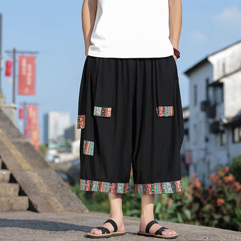 Buddha Stones Letnie Etniczne Spodnie Męskie Z Szerokimi Nogawkami I Kieszeniami, Długość 7-8 - Czarny - US/UK/AU46， EU56 (5XL) - image 0