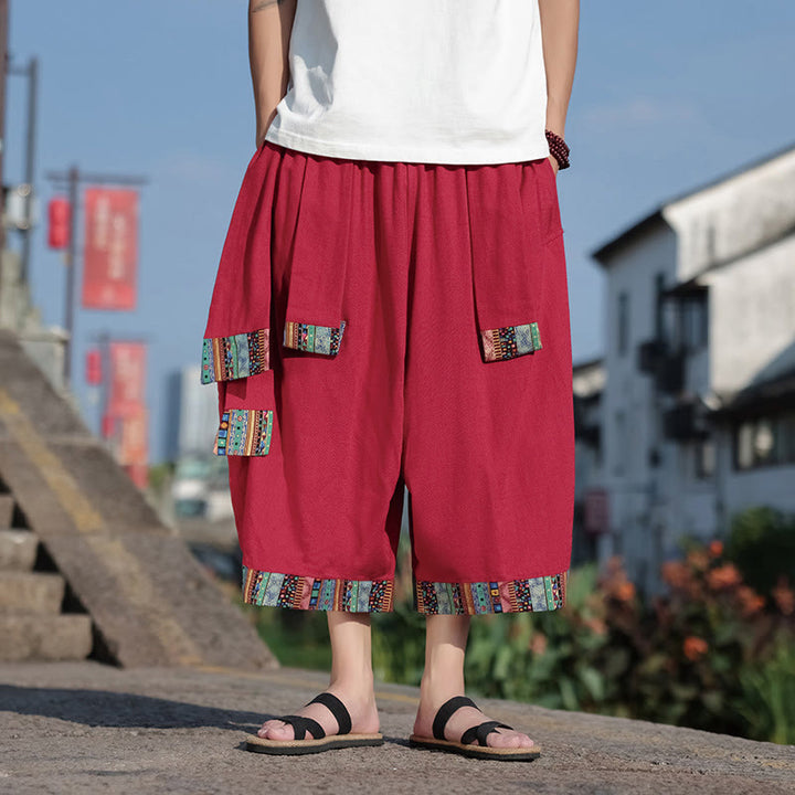 Buddha Stones Letnie Etniczne Spodnie Męskie Z Szerokimi Nogawkami I Kieszeniami, Długość 7-8 - Karmazynowy - US/UK/AU46， EU56 (5XL) - image 13