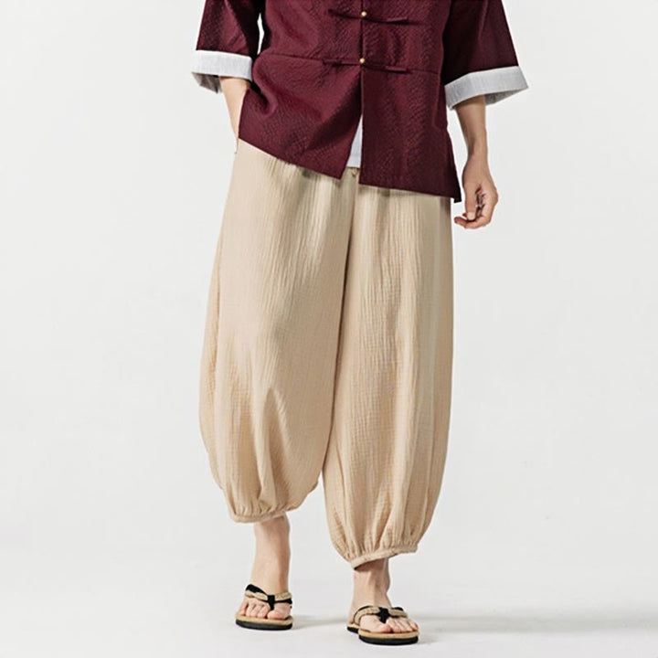 Spodnie męskie z miękkiej, jednolitej bawełny ze ściągaczem Buddha Stones i kieszeniami - image 5