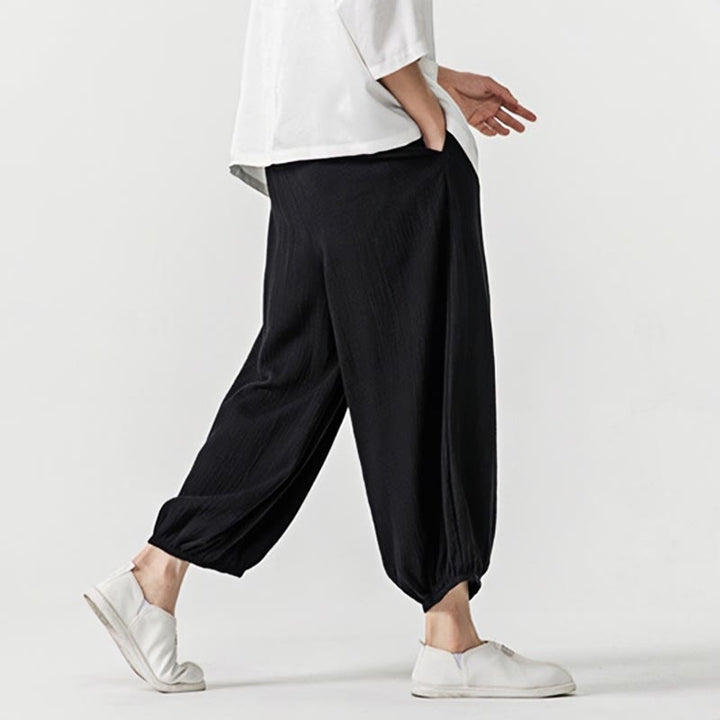 Spodnie męskie z miękkiej, jednolitej bawełny ze ściągaczem Buddha Stones i kieszeniami - image 16