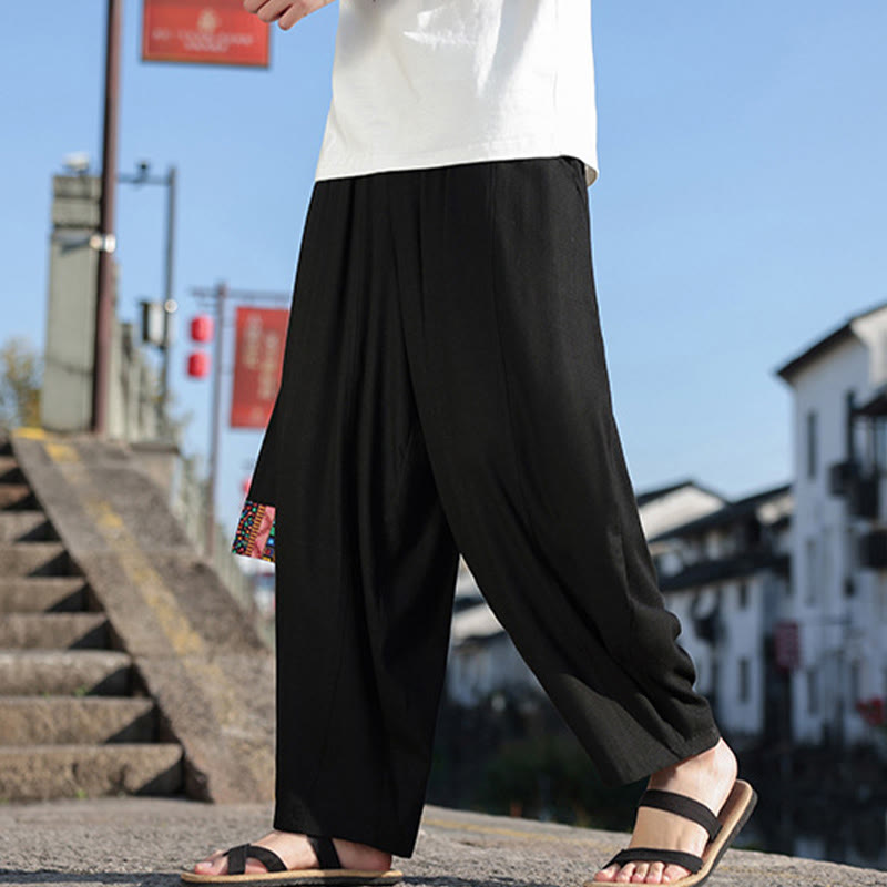 Buddha Stones Proste Patchworkowe Wzory Ściągane Sznurkiem Miękkie Bawełniane Spodnie Męskie Szerokie Nogawki Z Kieszeniami - image 13