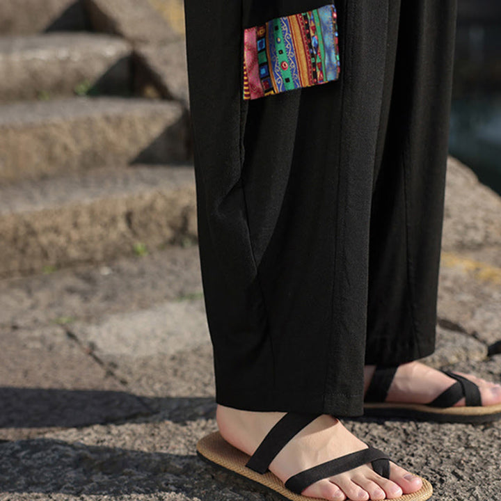 Buddha Stones Proste Patchworkowe Wzory Ściągane Sznurkiem Miękkie Bawełniane Spodnie Męskie Szerokie Nogawki Z Kieszeniami - image 25