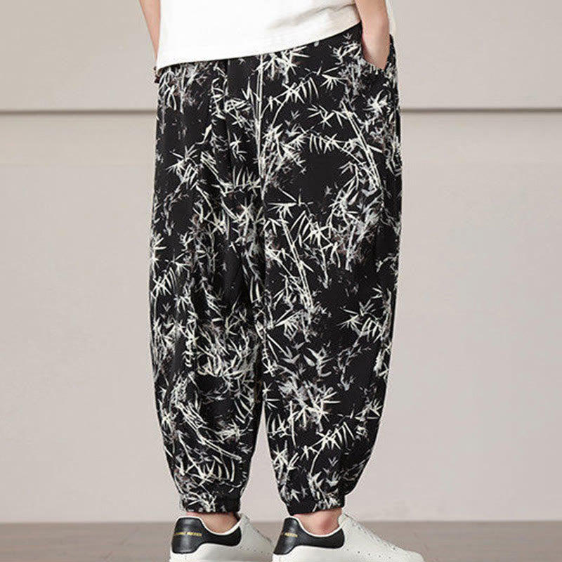 Buddha Stones Bambusowe Wzór Liścia Ściągacz Męskie Spodnie Harem Z Kieszeniami - image 13