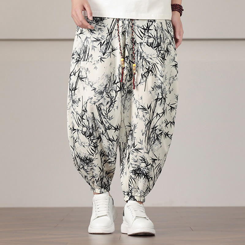 Buddha Stones Bambusowe Wzór Liścia Ściągacz Męskie Spodnie Harem Z Kieszeniami - Beżowy - US/UK/AU46， EU56 (5XL) - image 0