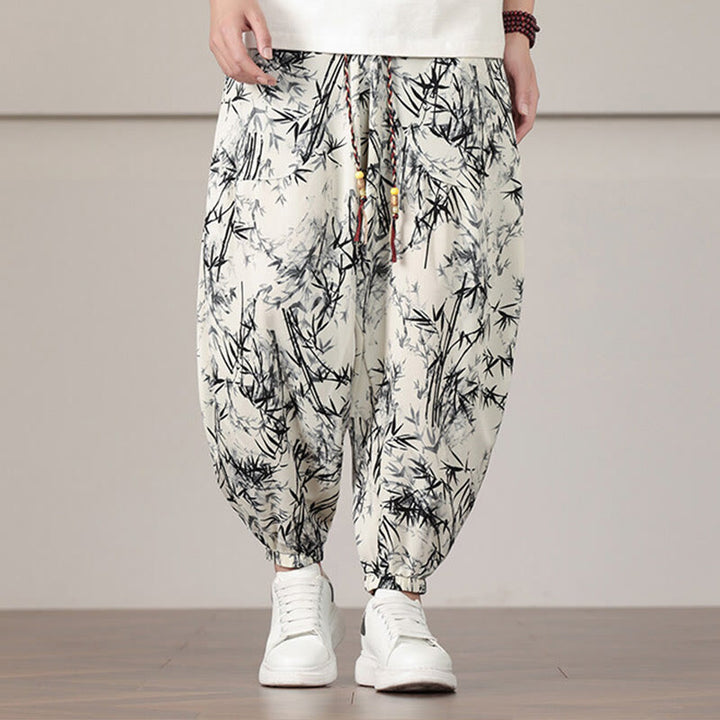 Buddha Stones Bambusowe Wzór Liścia Ściągacz Męskie Spodnie Harem Z Kieszeniami - Beżowy - US/UK/AU46， EU56 (5XL) - image 0
