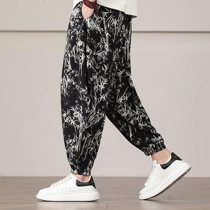 Buddha Stones Bambusowe Wzór Liścia Ściągacz Męskie Spodnie Harem Z Kieszeniami - image 14