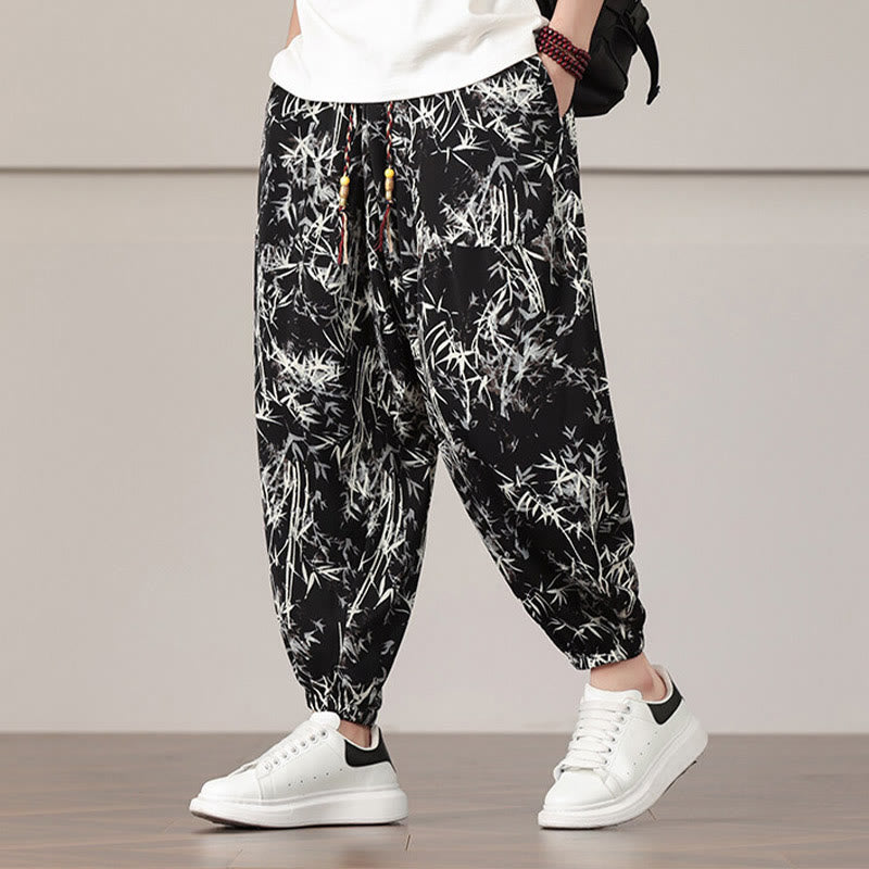 Buddha Stones Bambusowe Wzór Liścia Ściągacz Męskie Spodnie Harem Z Kieszeniami - image 11