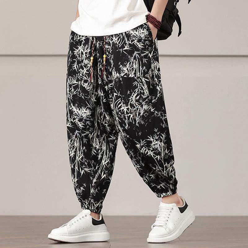 Buddha Stones Bambusowe Wzór Liścia Ściągacz Męskie Spodnie Harem Z Kieszeniami - image 15