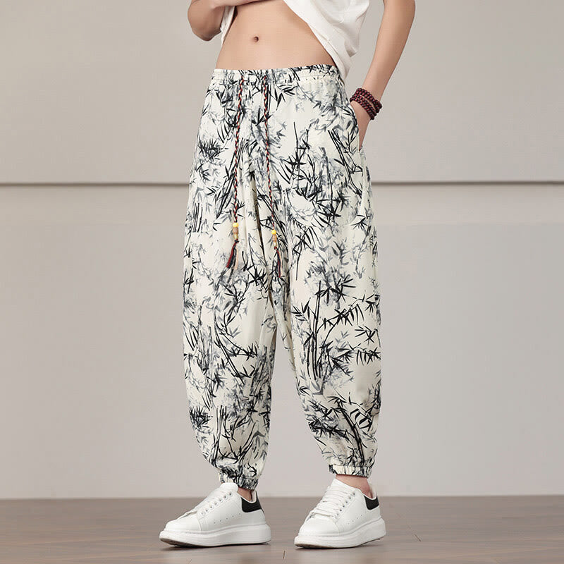 Buddha Stones Bambusowe Wzór Liścia Ściągacz Męskie Spodnie Harem Z Kieszeniami - image 8