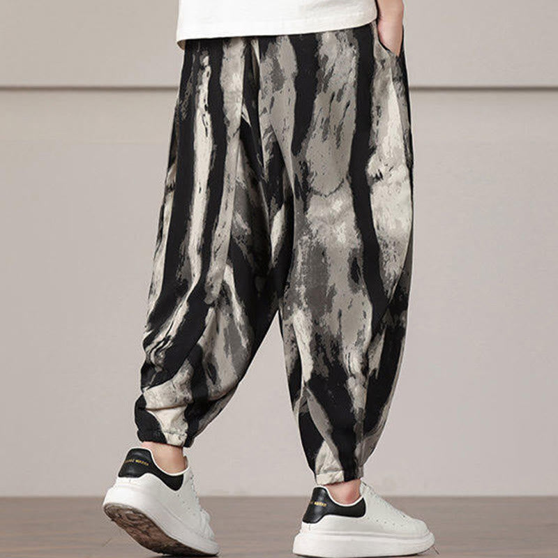 Spodnie haremowe męskie ze ściągaczem i kieszeniami w paski z motywem Buddha Stones - image 2