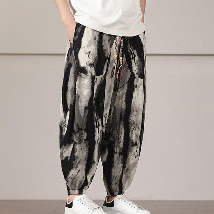 Spodnie haremowe męskie ze ściągaczem i kieszeniami w paski z motywem Buddha Stones - image 4