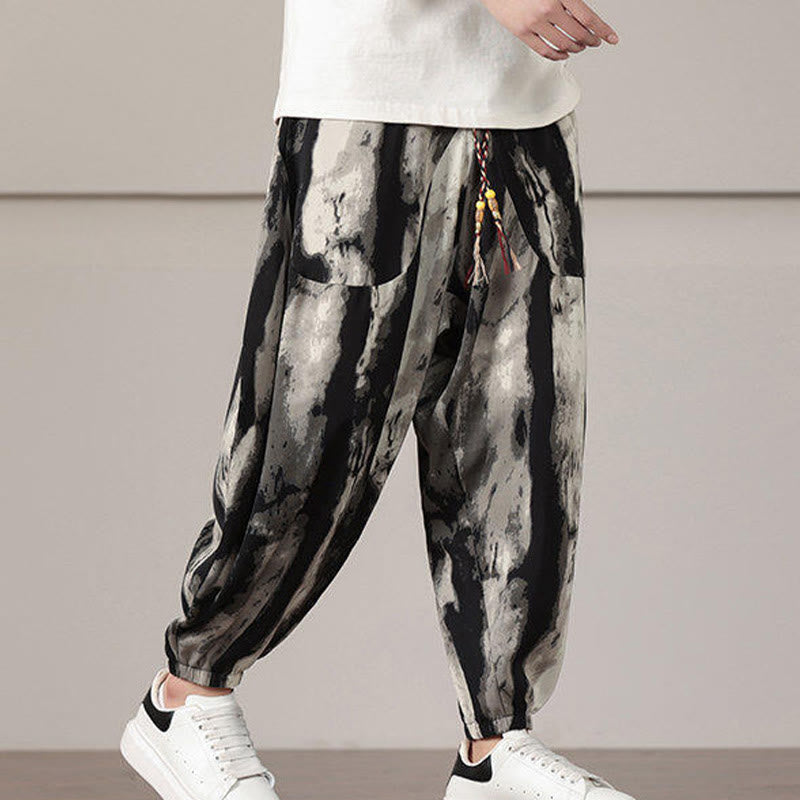 Spodnie haremowe męskie ze ściągaczem i kieszeniami w paski z motywem Buddha Stones - image 6