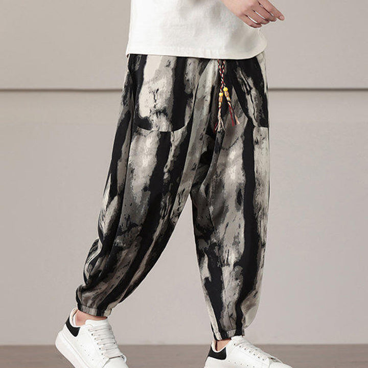 Spodnie haremowe męskie ze ściągaczem i kieszeniami w paski z motywem Buddha Stones - image 6