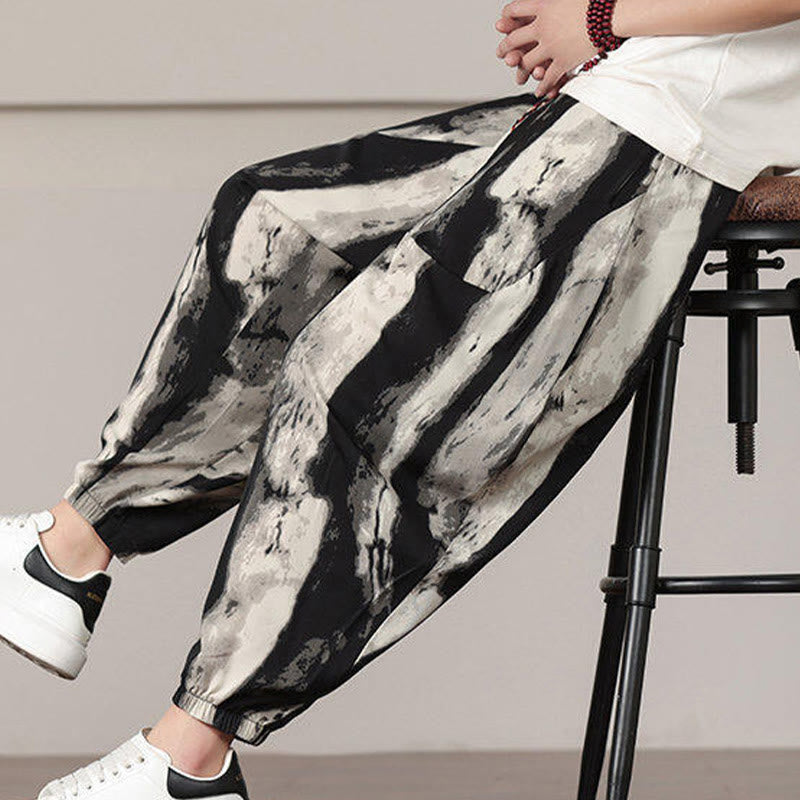 Spodnie haremowe męskie ze ściągaczem i kieszeniami w paski z motywem Buddha Stones - image 8