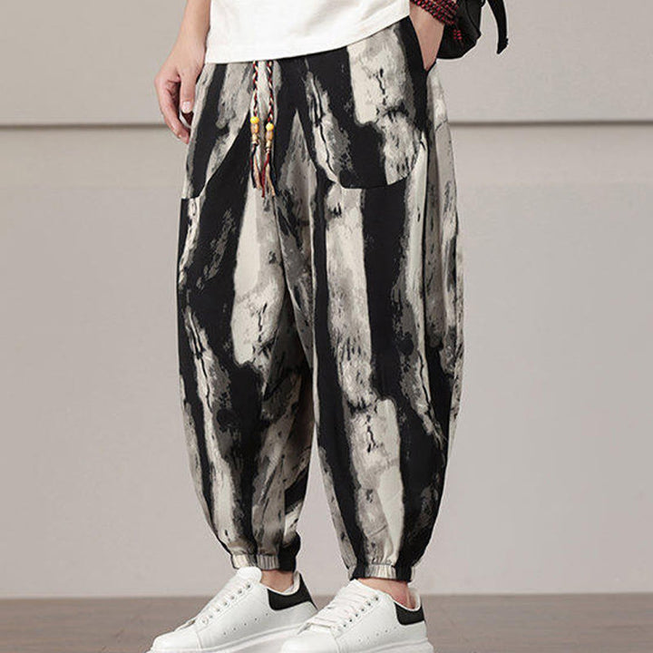 Spodnie haremowe męskie ze ściągaczem i kieszeniami w paski z motywem Buddha Stones - image 5