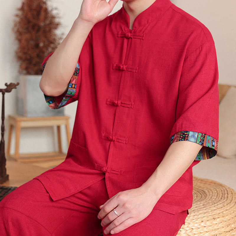 Buddha Stones 2 szt. Patchworkowa chińska koszula z żabą i guzikami, szerokie spodnie nogawki, męski zestaw do medytacji z kieszeniami - image 27