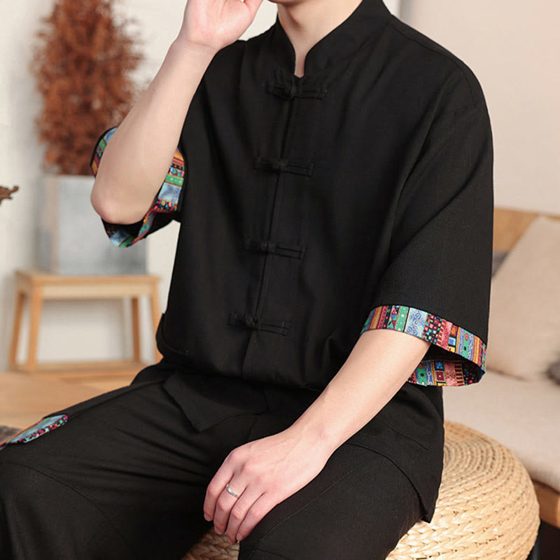 Buddha Stones 2 szt. Patchworkowa chińska koszula z żabą i guzikami, szerokie spodnie nogawki, męski zestaw do medytacji z kieszeniami - image 16