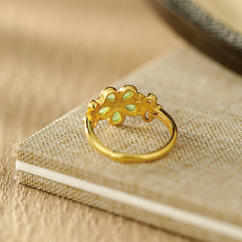 Buddha Stones Naturalny Jadeit Hetian 925 Srebro Pozłacane Kwiat Regulowany Pierścień Dobrobytu - image 1