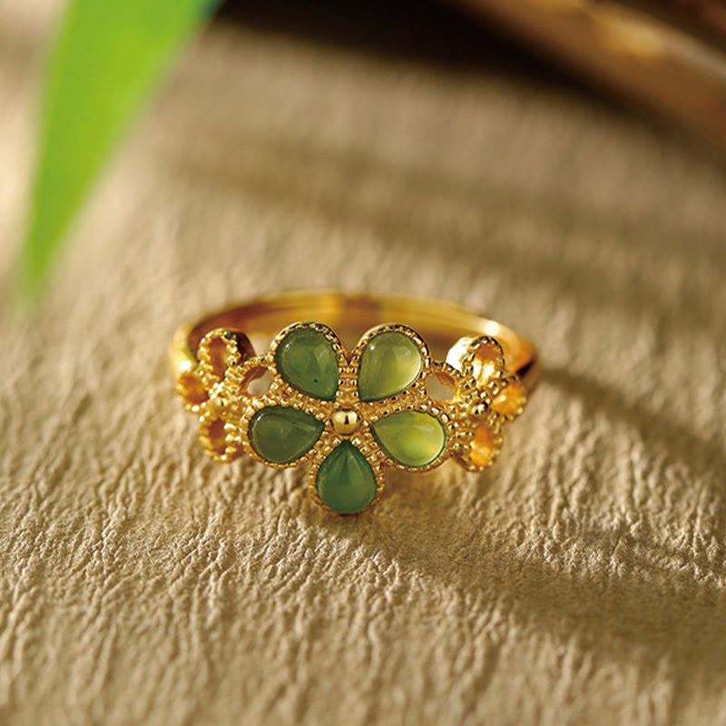 Buddha Stones Naturalny Jadeit Hetian 925 Srebro Pozłacane Kwiat Regulowany Pierścień Dobrobytu - Hetian Jadeit - image 0