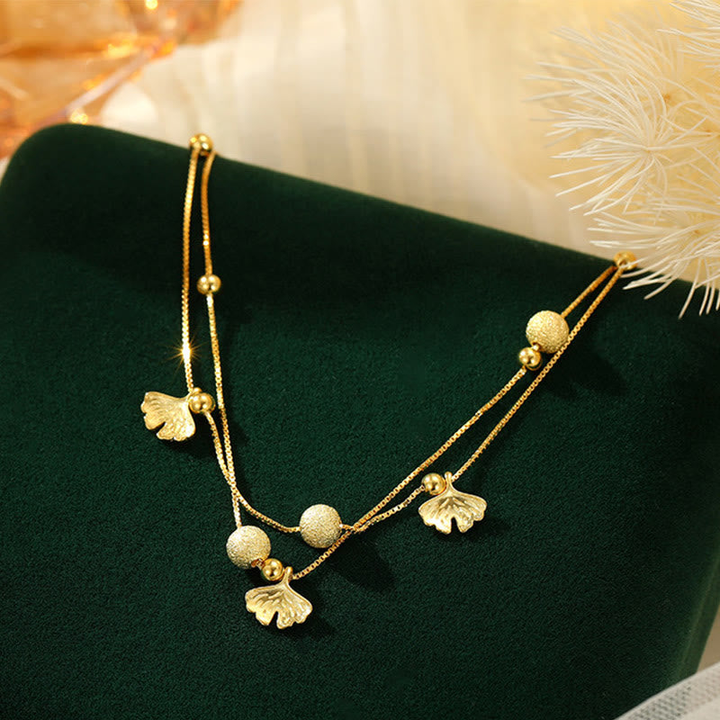 Bransoletka ochronna na kostkę z podwójnymi warstwami liści miłorzębu Buddha Stones ze srebra próby 925 - Złota bransoletka na kostkę (obwód 25 cm) - image 9