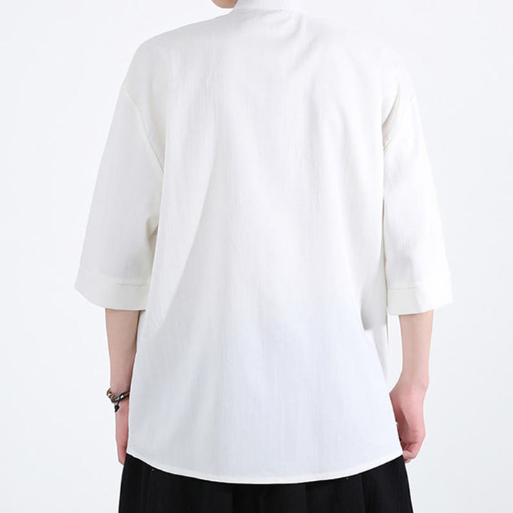 Koszula męska z krótkim rękawem i nadrukiem „ Buddha Stones Pure Color Frog-Button” z lnu - image 2