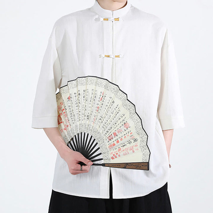 Koszula męska z krótkim rękawem i nadrukiem „ Buddha Stones Pure Color Frog-Button” z lnu - image 3