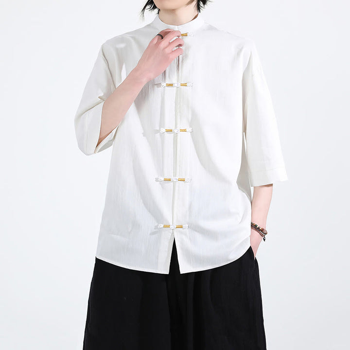 Koszula męska z krótkim rękawem i nadrukiem „ Buddha Stones Pure Color Frog-Button” z lnu - image 6