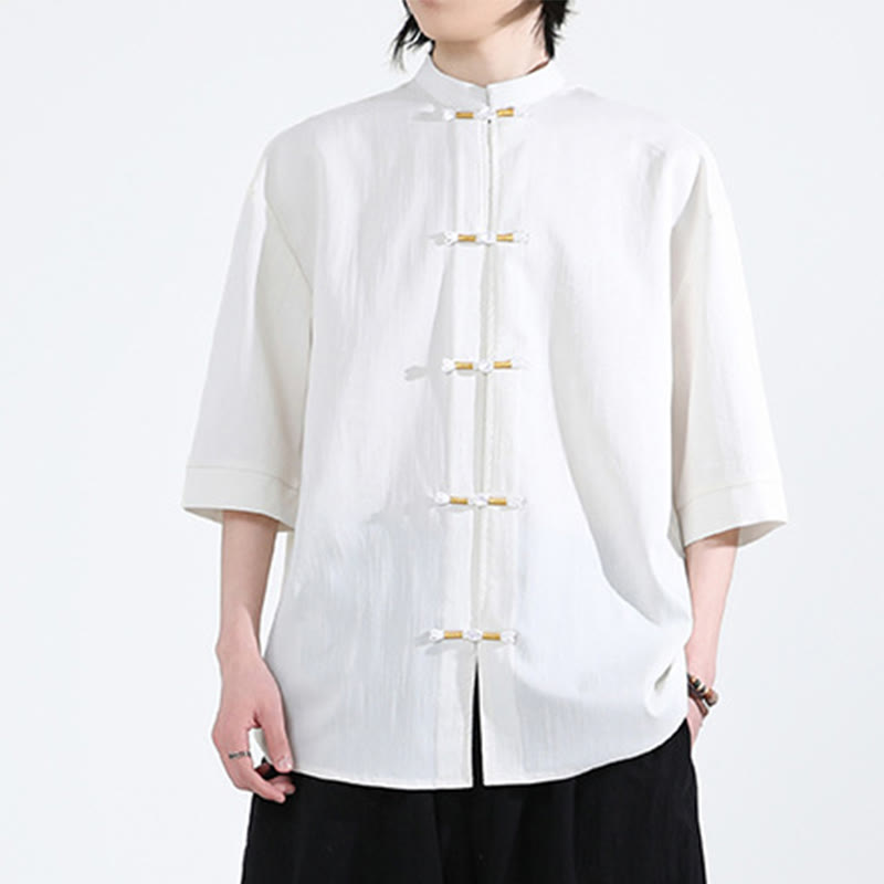 Koszula męska z krótkim rękawem i nadrukiem „ Buddha Stones Pure Color Frog-Button” z lnu - image 5