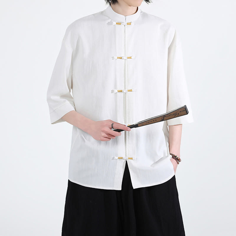 Koszula męska z krótkim rękawem i nadrukiem „ Buddha Stones Pure Color Frog-Button” z lnu - image 4