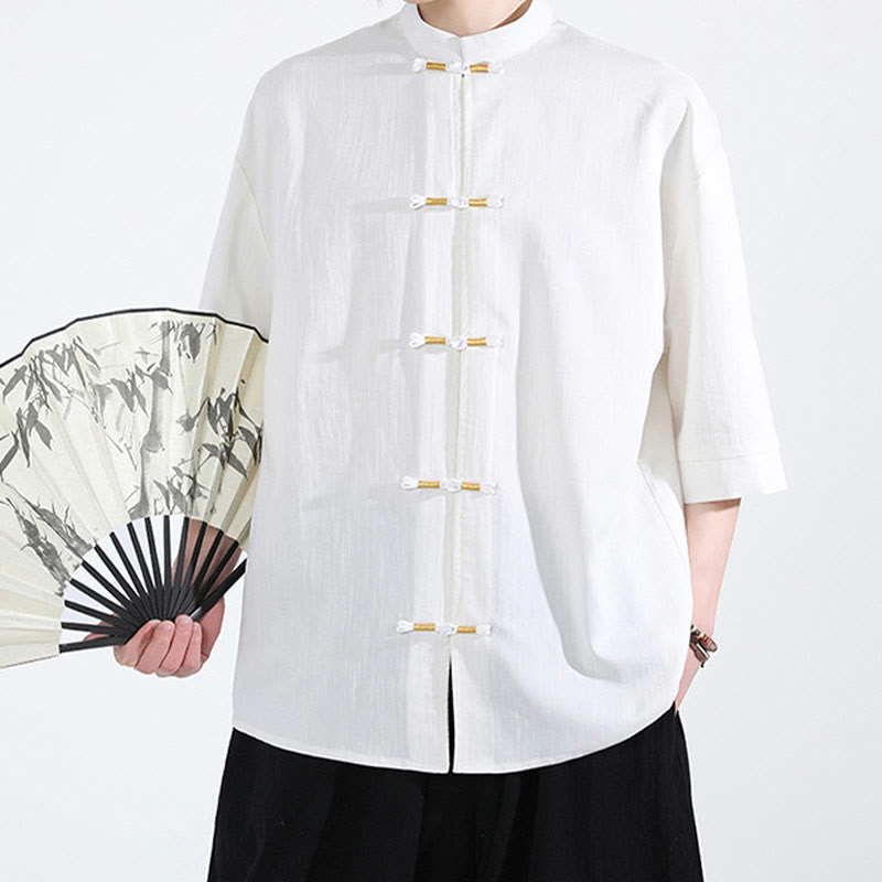 Koszula męska z krótkim rękawem i nadrukiem „ Buddha Stones Pure Color Frog-Button” z lnu - image 1