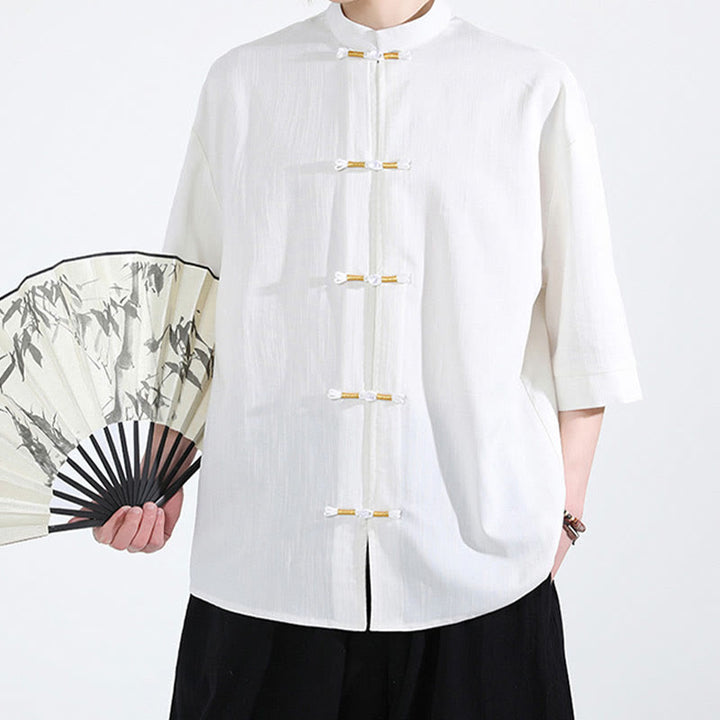 Koszula męska z krótkim rękawem i nadrukiem „ Buddha Stones Pure Color Frog-Button” z lnu - image 1