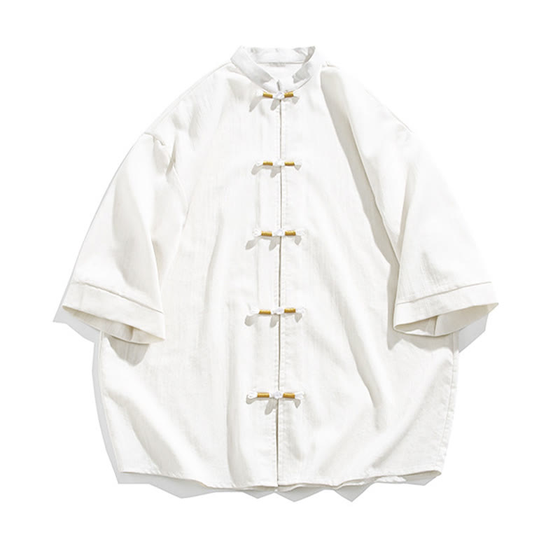 Koszula męska z krótkim rękawem i nadrukiem „ Buddha Stones Pure Color Frog-Button” z lnu - image 7