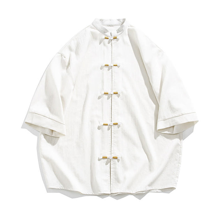 Koszula męska z krótkim rękawem i nadrukiem „ Buddha Stones Pure Color Frog-Button” z lnu - image 7