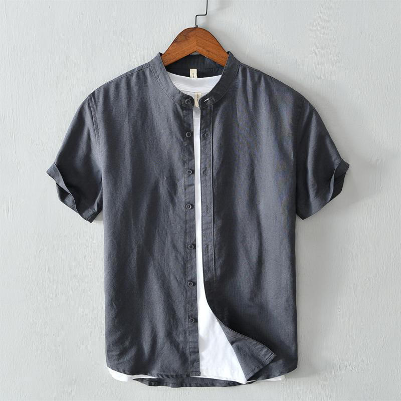Koszula męska z krótkim rękawem i guzikami z bawełny i lnu w prostym stylu z motywem Buddha Stones - DarkSlateGray - US/UK/AU44， EU54 (4XL) - image 17