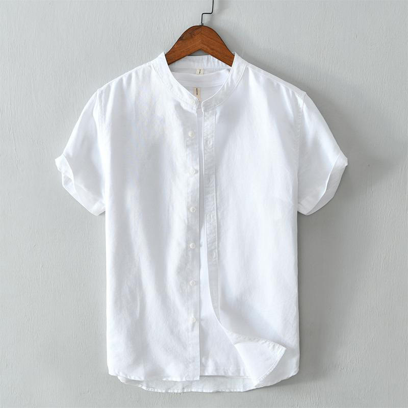 Koszula męska z krótkim rękawem i guzikami z bawełny i lnu w prostym stylu z motywem Buddha Stones - Biały - US/UK/AU44， EU54 (4XL) - image 7