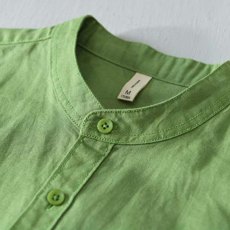 Koszula męska z krótkim rękawem i guzikami z bawełny i lnu w prostym stylu z motywem Buddha Stones - image 3