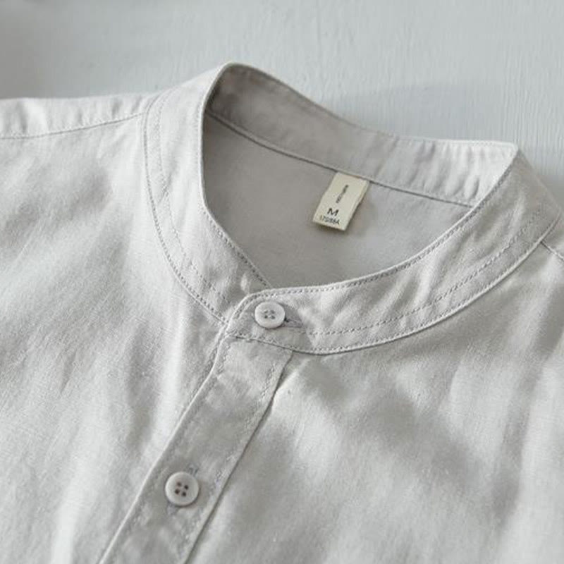 Koszula męska z krótkim rękawem i guzikami z bawełny i lnu w prostym stylu z motywem Buddha Stones - image 14