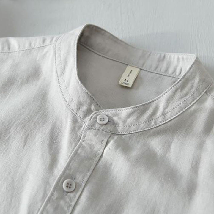 Koszula męska z krótkim rękawem i guzikami z bawełny i lnu w prostym stylu z motywem Buddha Stones - image 14