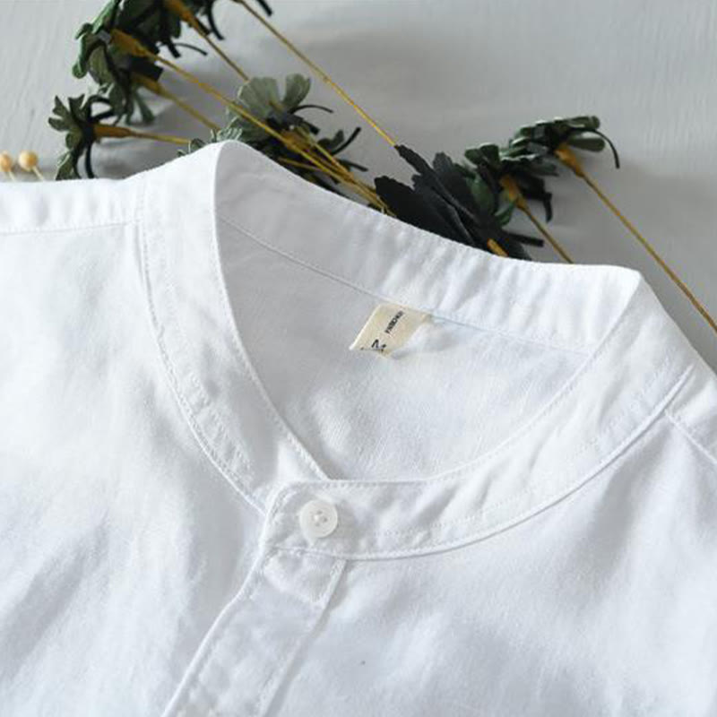 Koszula męska z krótkim rękawem i guzikami z bawełny i lnu w prostym stylu z motywem Buddha Stones - image 8