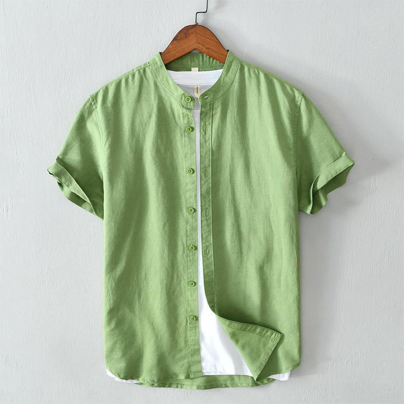 Koszula męska z krótkim rękawem i guzikami z bawełny i lnu w prostym stylu z motywem Buddha Stones - Wiosenna Zieleń - US/UK/AU44， EU54 (4XL) - image 0