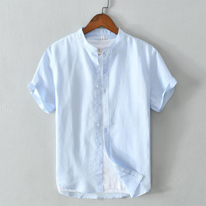 Koszula męska z krótkim rękawem i guzikami z bawełny i lnu w prostym stylu z motywem Buddha Stones - LightSkyBlue - US/UK/AU44， EU54 (4XL) - image 10